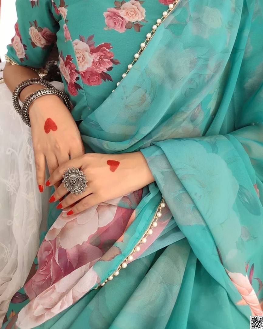 Printed Georgette Pearl Lace Sharee